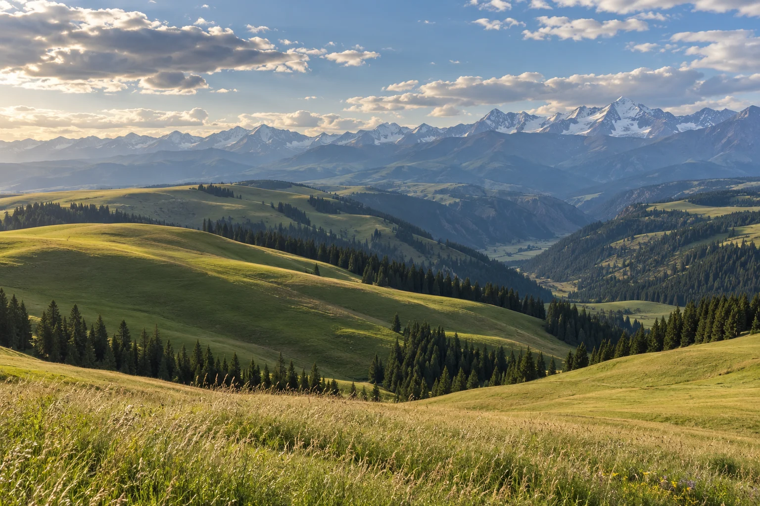 AI-generated regional illustration of rolling Kalajun-inspired grassland and distant Tianshan ridges