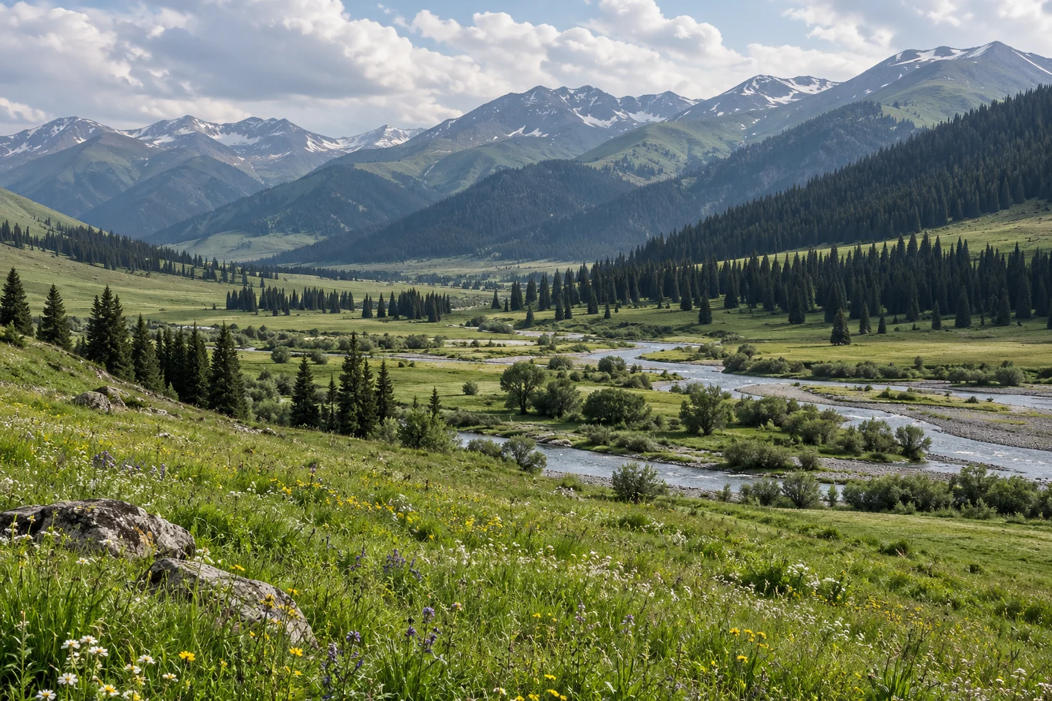 AI-generated illustration of a Nalati-inspired meadow, river valley and forested mountain slopes
