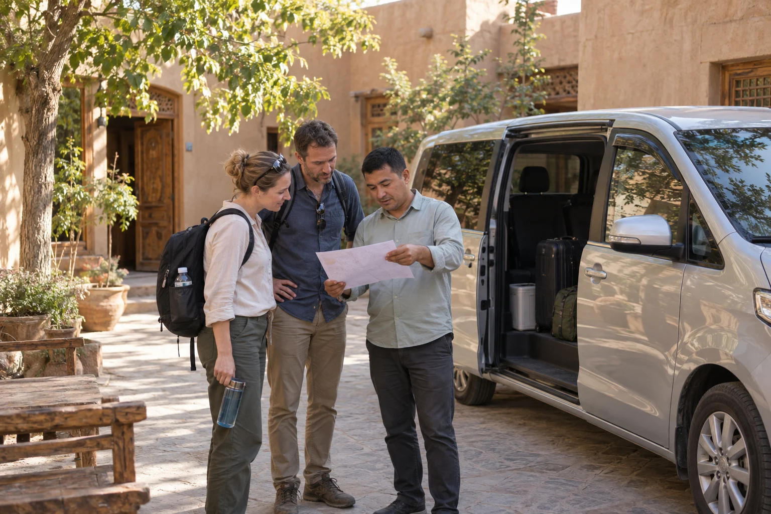 AI illustration of travelers reviewing a road plan with a driver beside a vehicle in a Kashgar-inspired courtyard