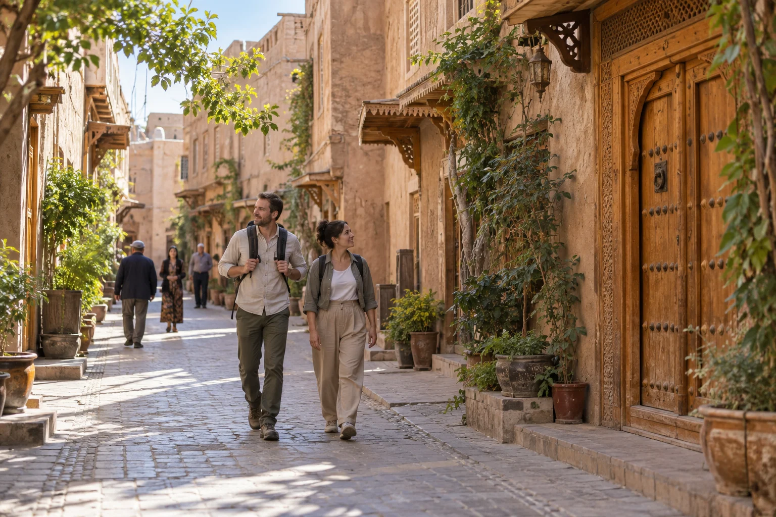 AI-generated illustration of international travelers walking through a Kashgar-inspired residential lane
