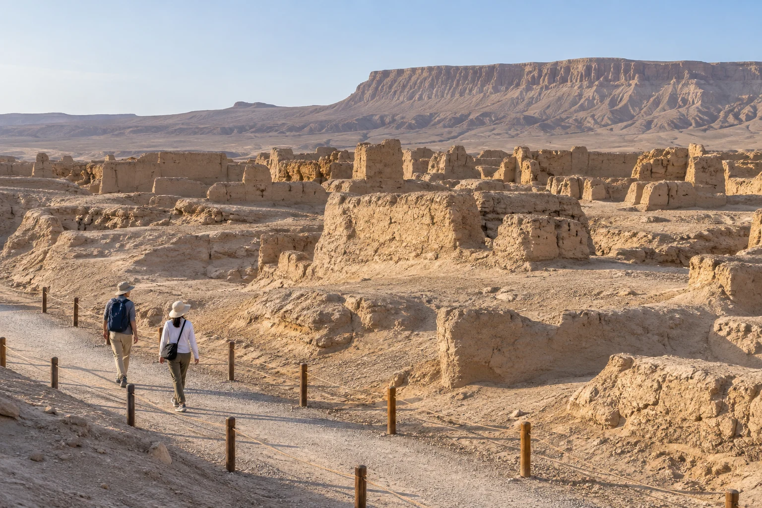 AI illustration of travelers on a designated path beside earthen ruins in a Turpan-inspired desert landscape