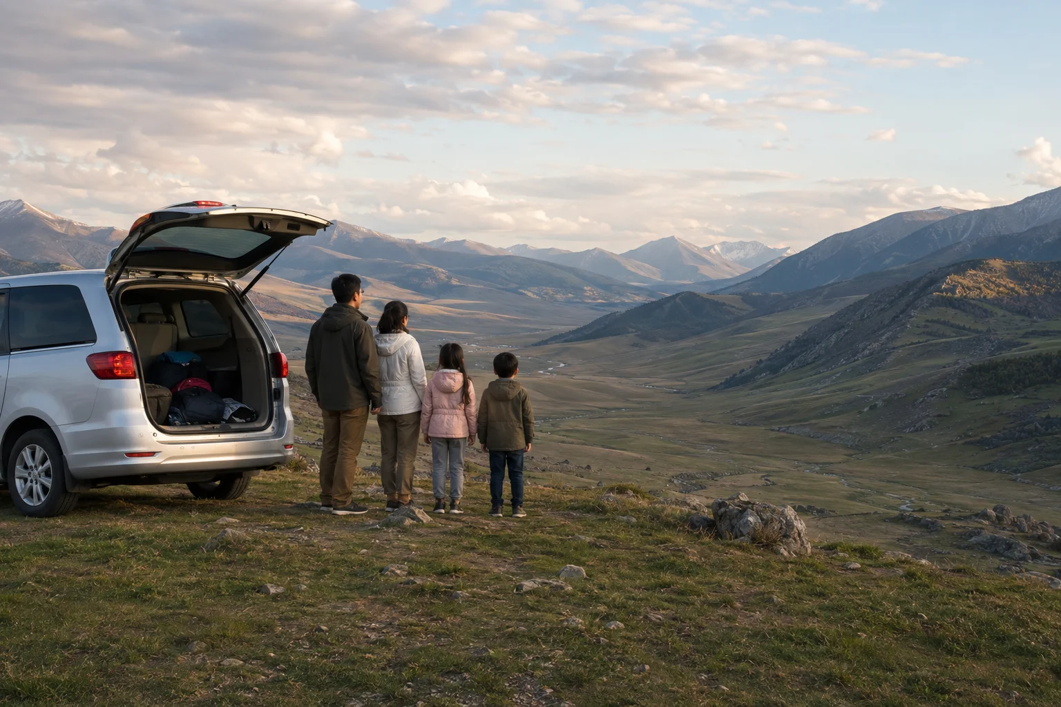 Family with two children enjoying a calm mountain-valley stop beside a vehicle in Xinjiang