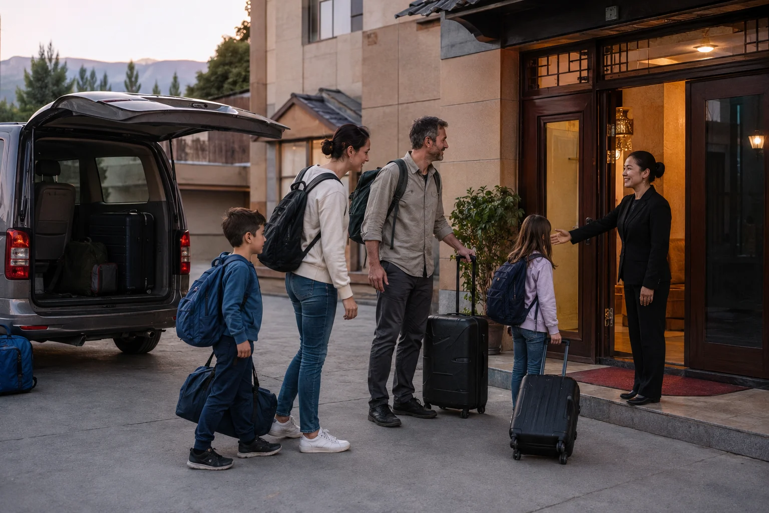 Family with children arriving with luggage at a clean modest hotel after a Xinjiang road day