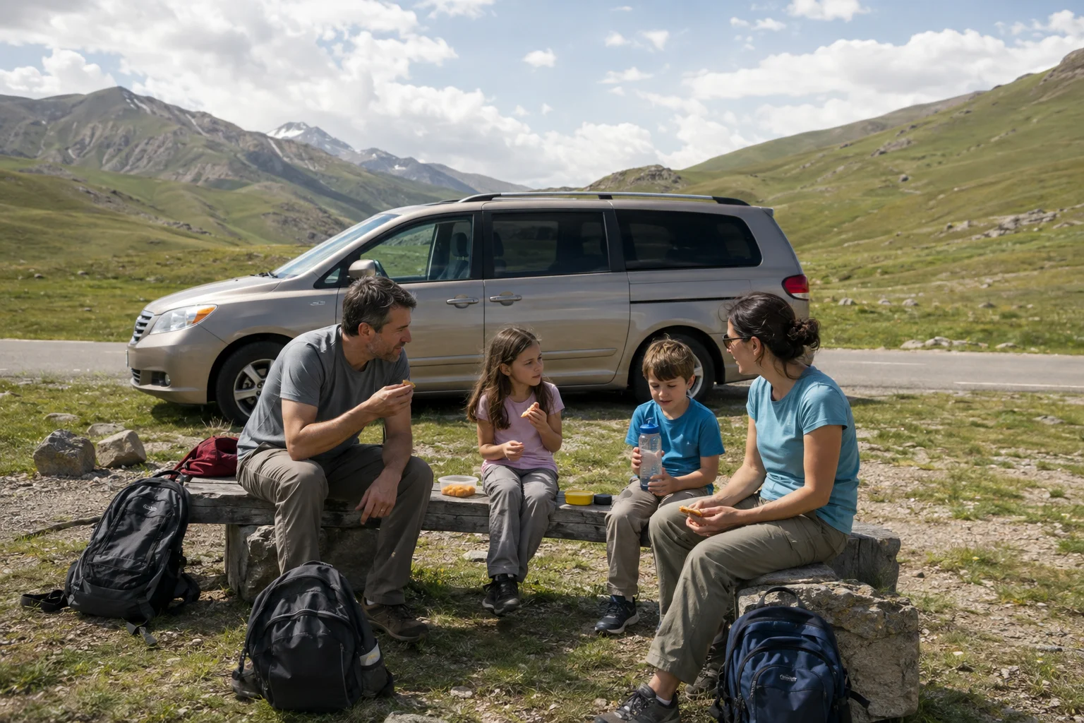 Family with children taking a snack and stretch break beside a safely parked vehicle in a Xinjiang mountain valley
