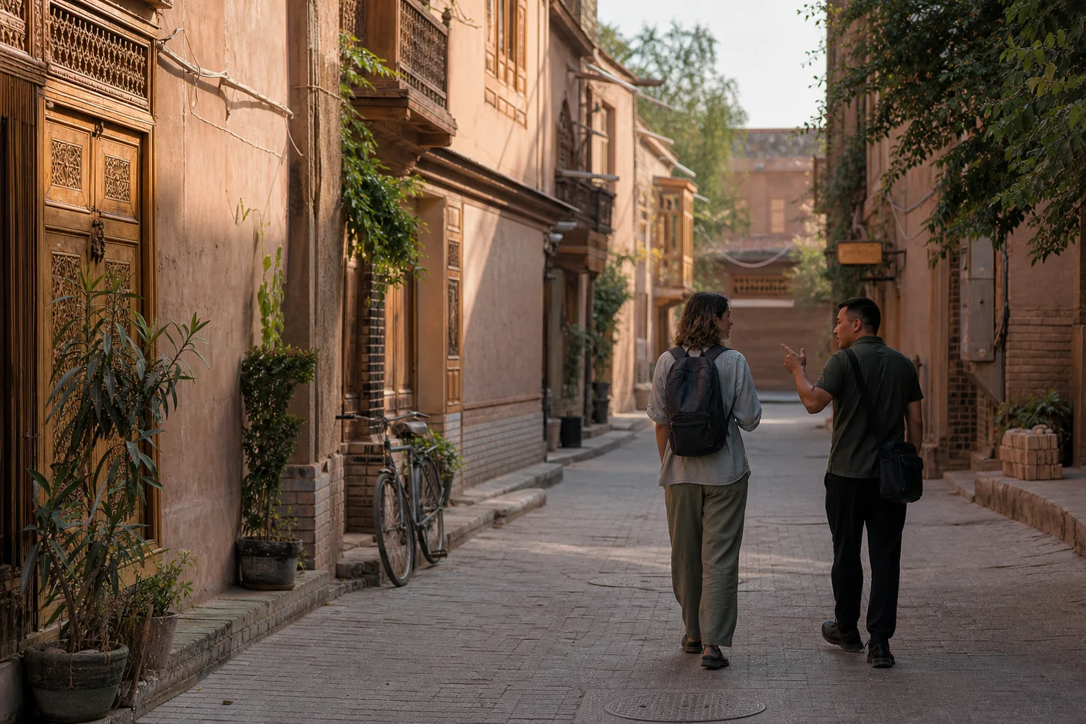 International traveler walking through a quiet Kashgar Old City lane with a local guide