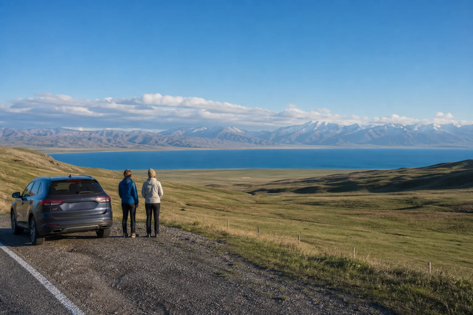 Travelers stopping safely beside a vehicle above Sayram Lake in the Ili region