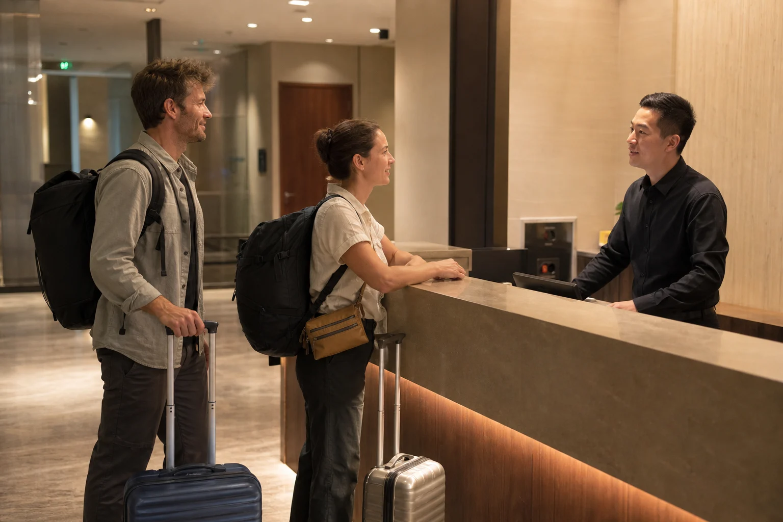 International travelers checking into a clean, unbranded hotel after arriving in Xinjiang