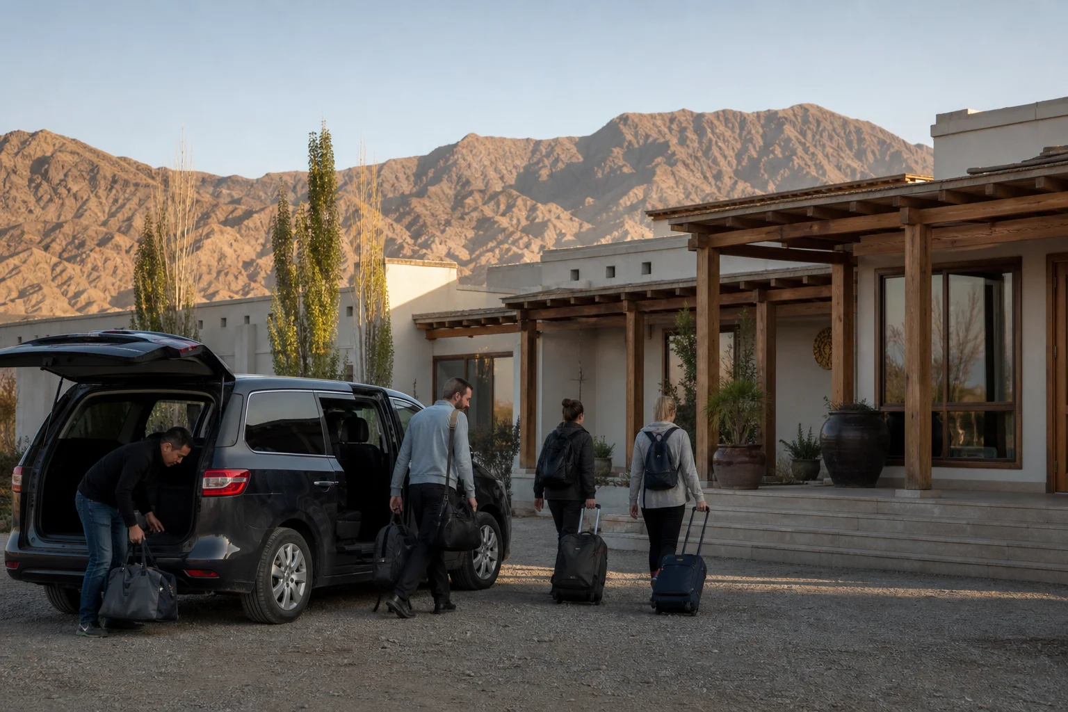 Travelers arriving with soft-sided luggage at a quiet roadside hotel after a long drive in Xinjiang