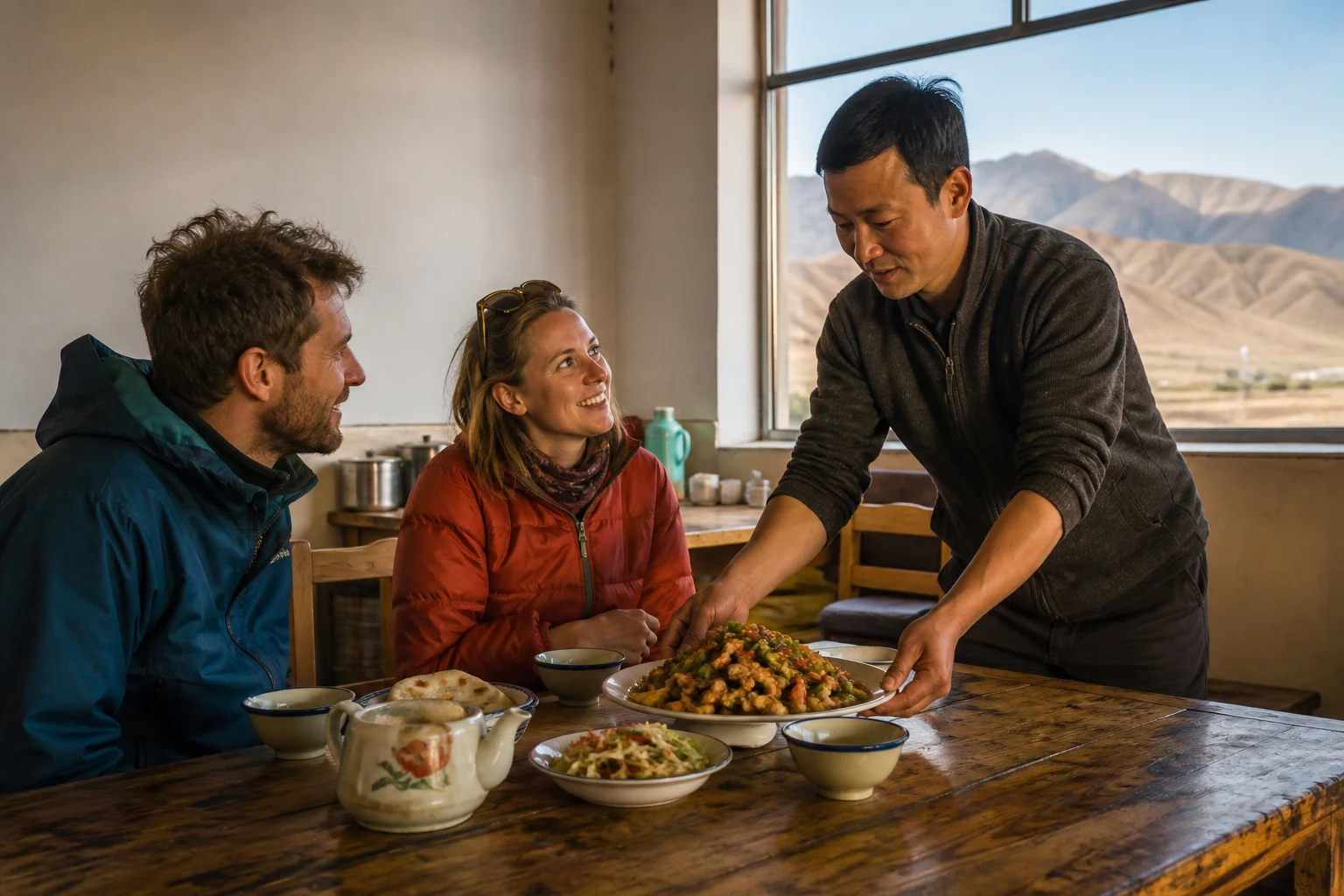 International travelers sharing a simple meal with a local host in a Xinjiang roadside restaurant