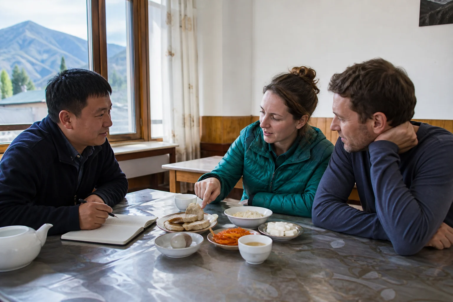 Travelers discussing meal timing and food preferences with a local guide at a simple Xinjiang guesthouse breakfast table
