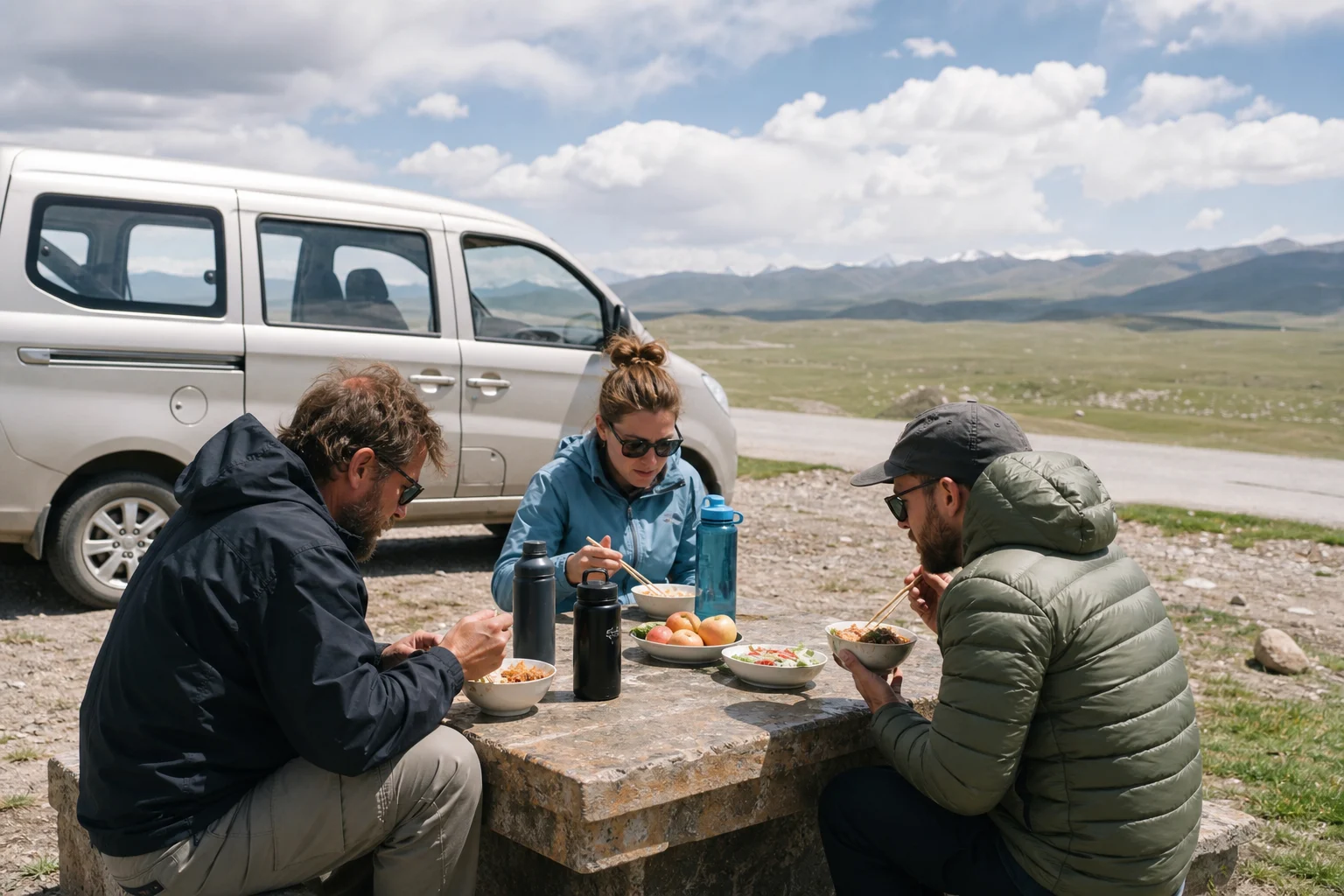Travelers sharing a simple roadside lunch beside a safely parked vehicle in a Xinjiang mountain landscape