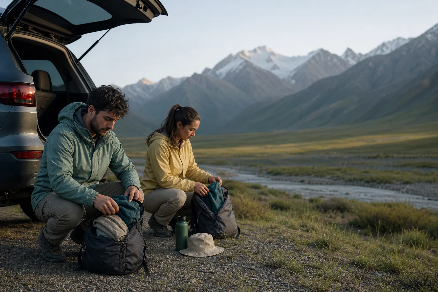 Travelers packing practical layers and daypacks beside a vehicle in a Tianshan valley