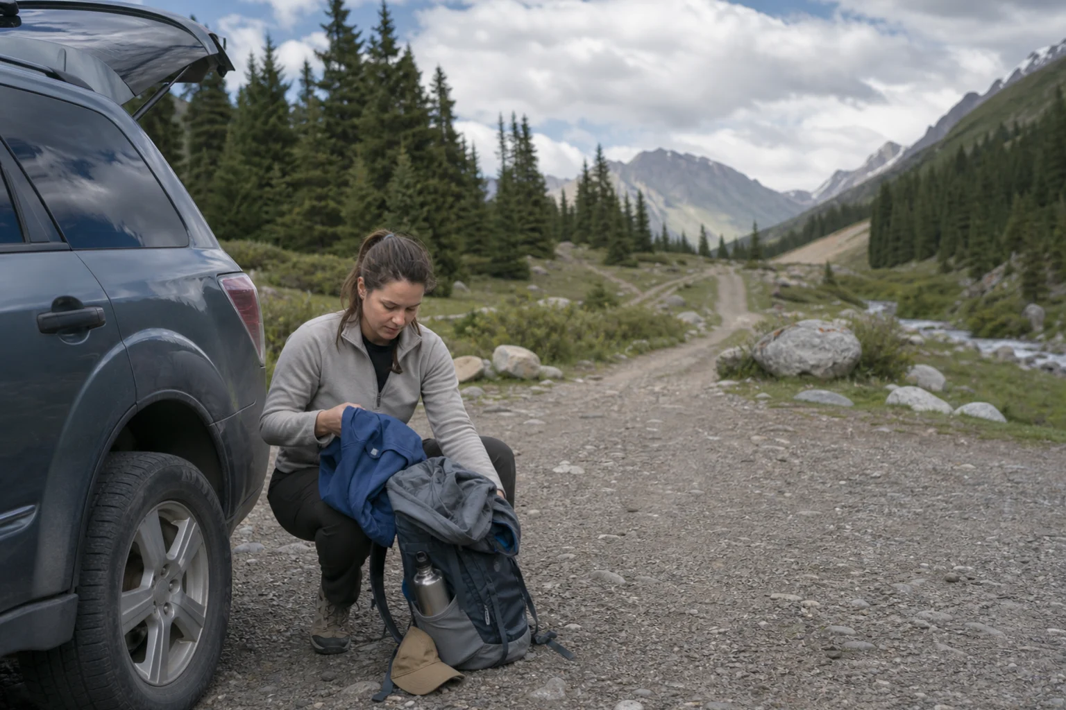 Traveler placing a fleece layer into a daypack before a mountain walk in the Tianshan landscape