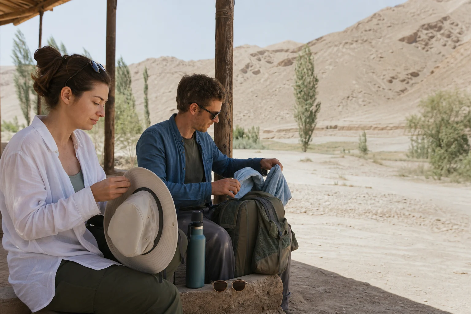 Travelers organizing sun hats and reusable water bottles at a shaded roadside rest point in a dry Xinjiang landscape