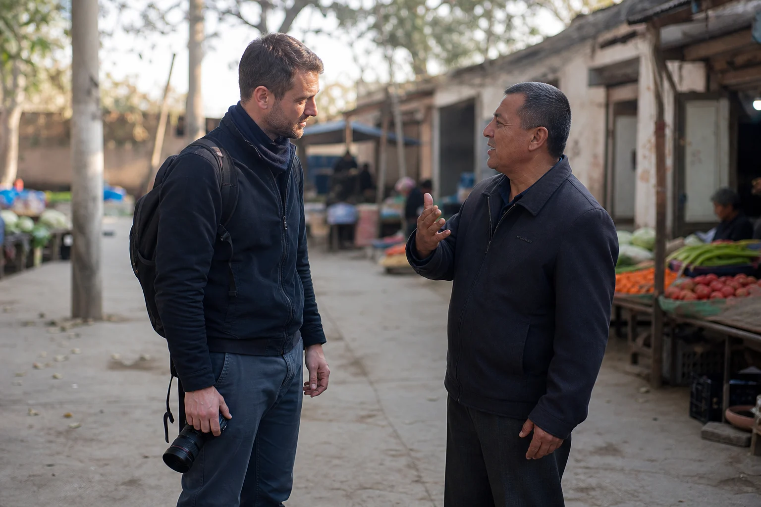 Traveler speaking with a local guide with a camera lowered before entering a market setting in Xinjiang