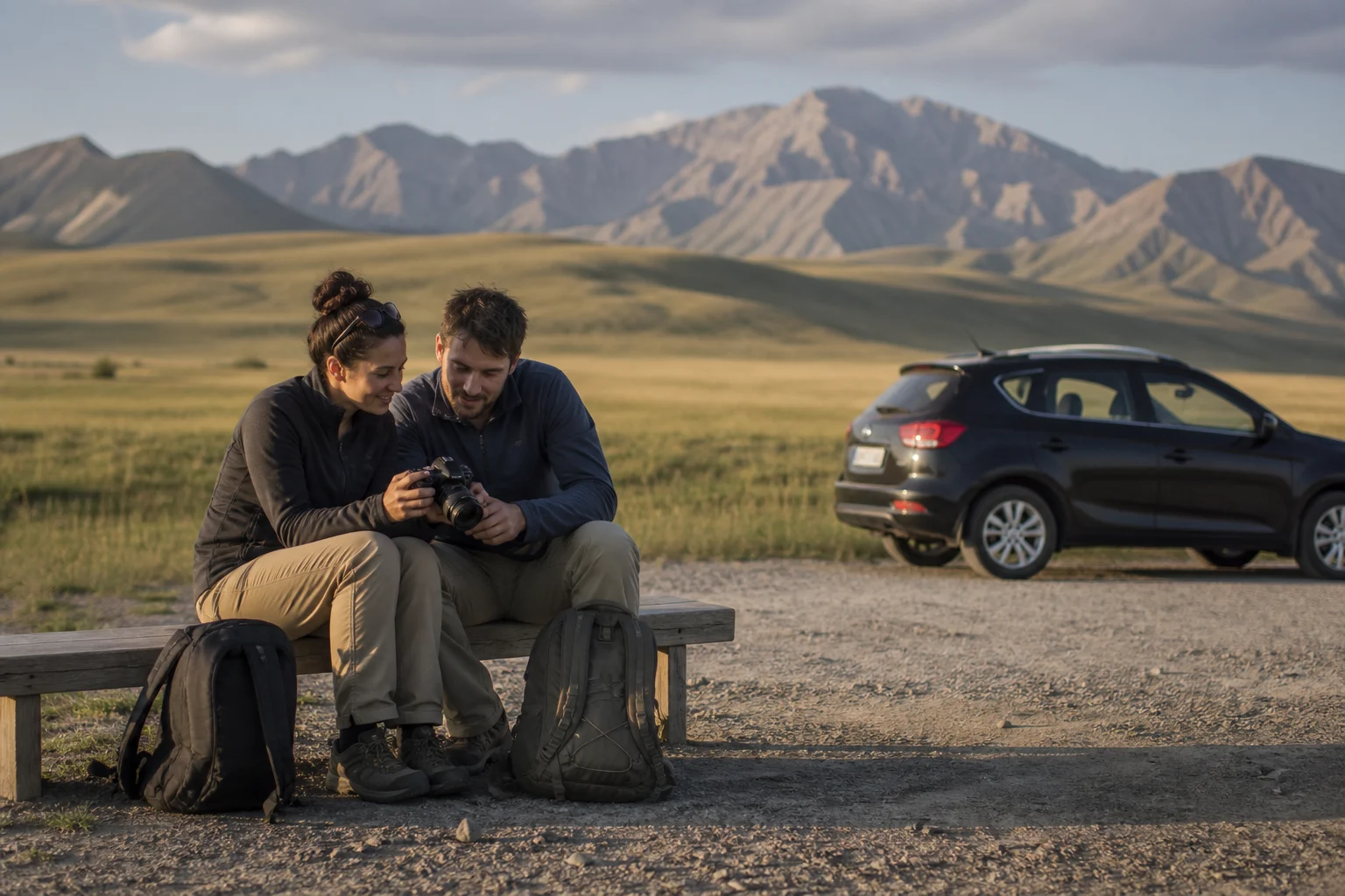 Travelers reviewing landscape photos during a quiet break beside a safely parked vehicle in Xinjiang