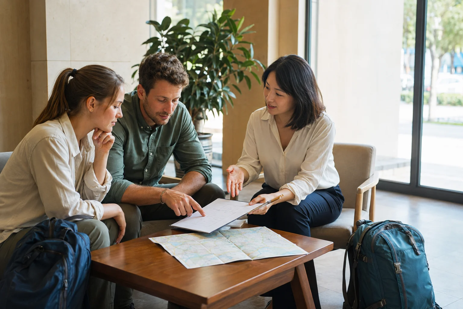 International travelers reviewing a Xinjiang route outline with a local travel planner