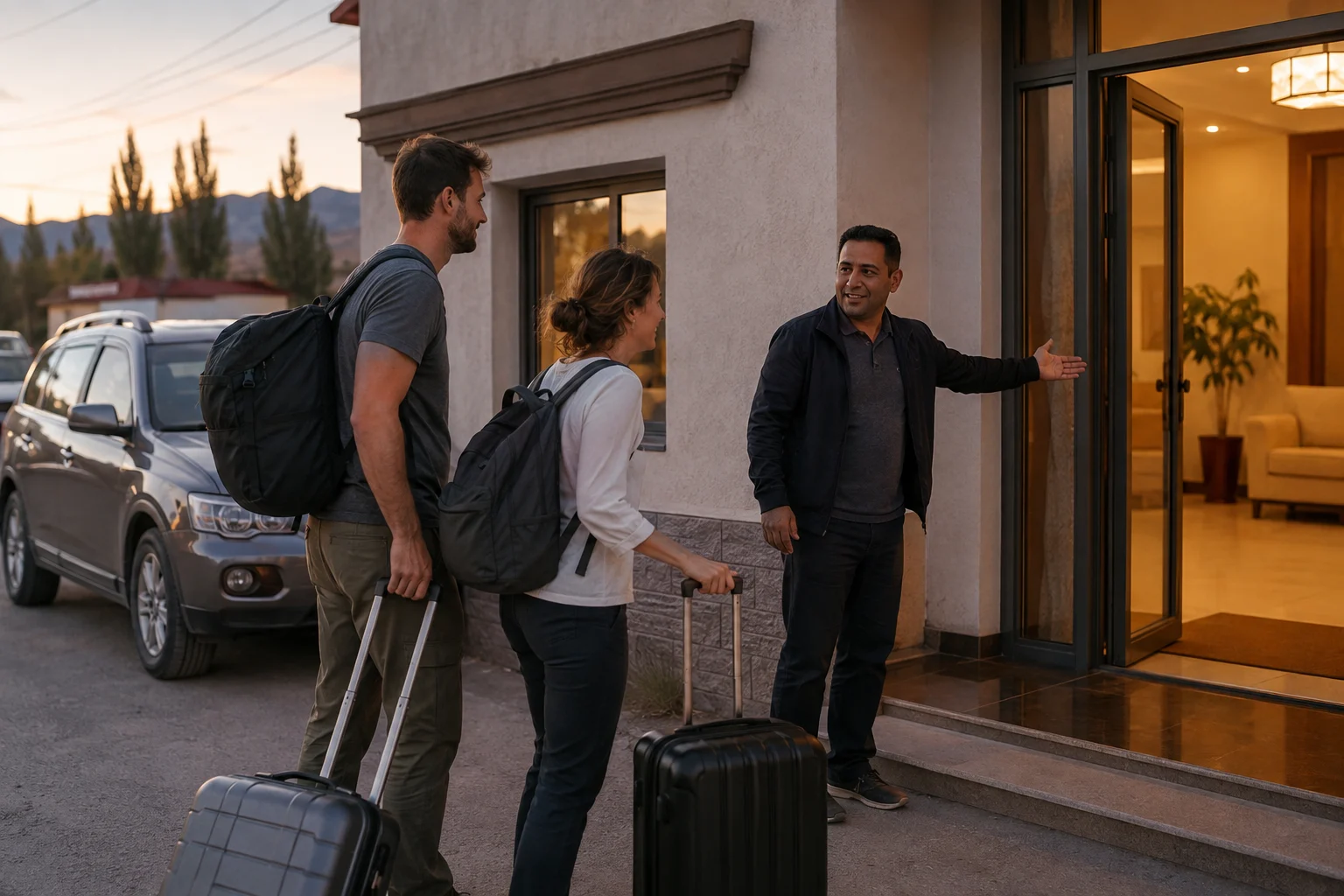 International travelers arriving at a clean modest hotel with a local guide after a Xinjiang road day