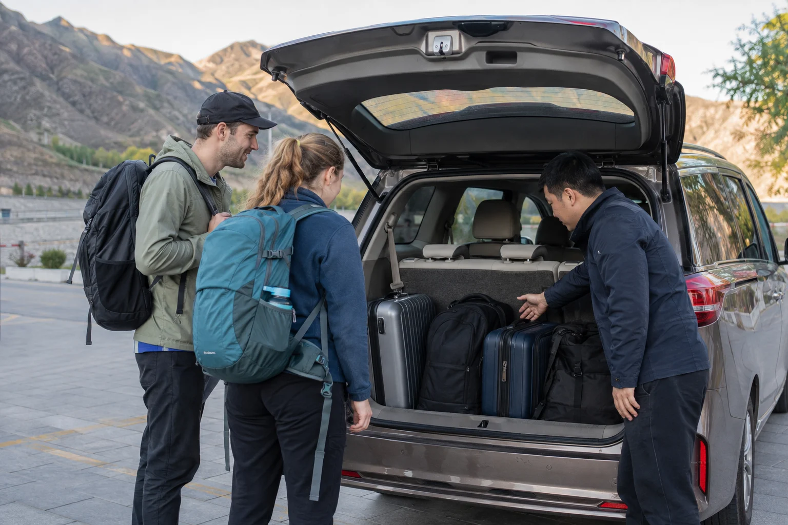 Travelers checking luggage space with a local driver beside a clean vehicle before a Xinjiang road trip