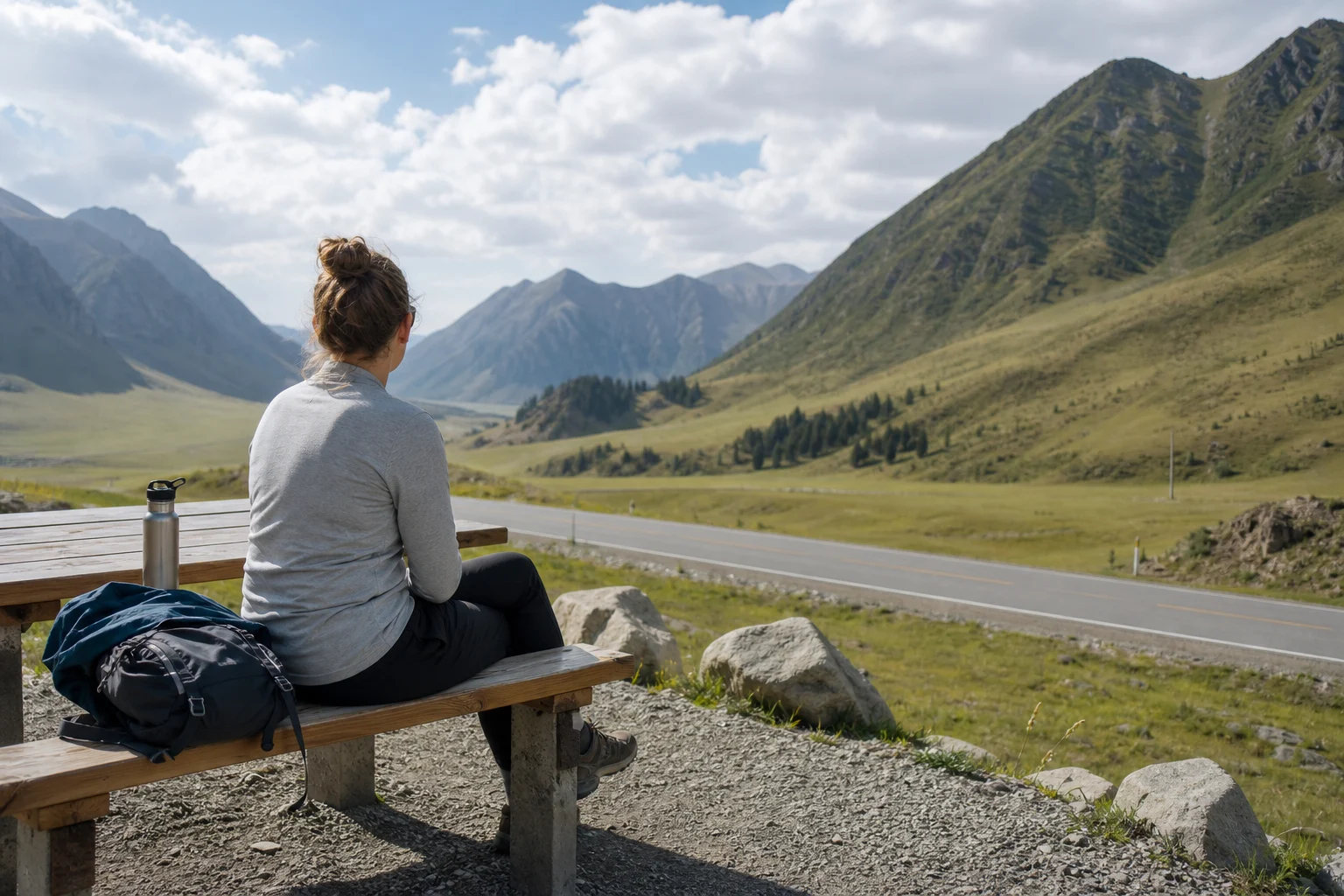 Traveler taking a quiet rest break beside a mountain road in Xinjiang