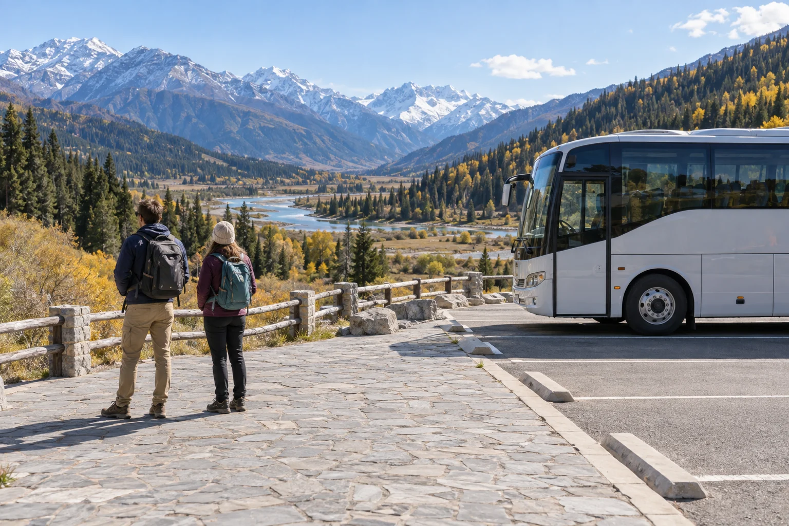 AI illustration of travelers beside a scenic shuttle in a northern Xinjiang inspired mountain valley