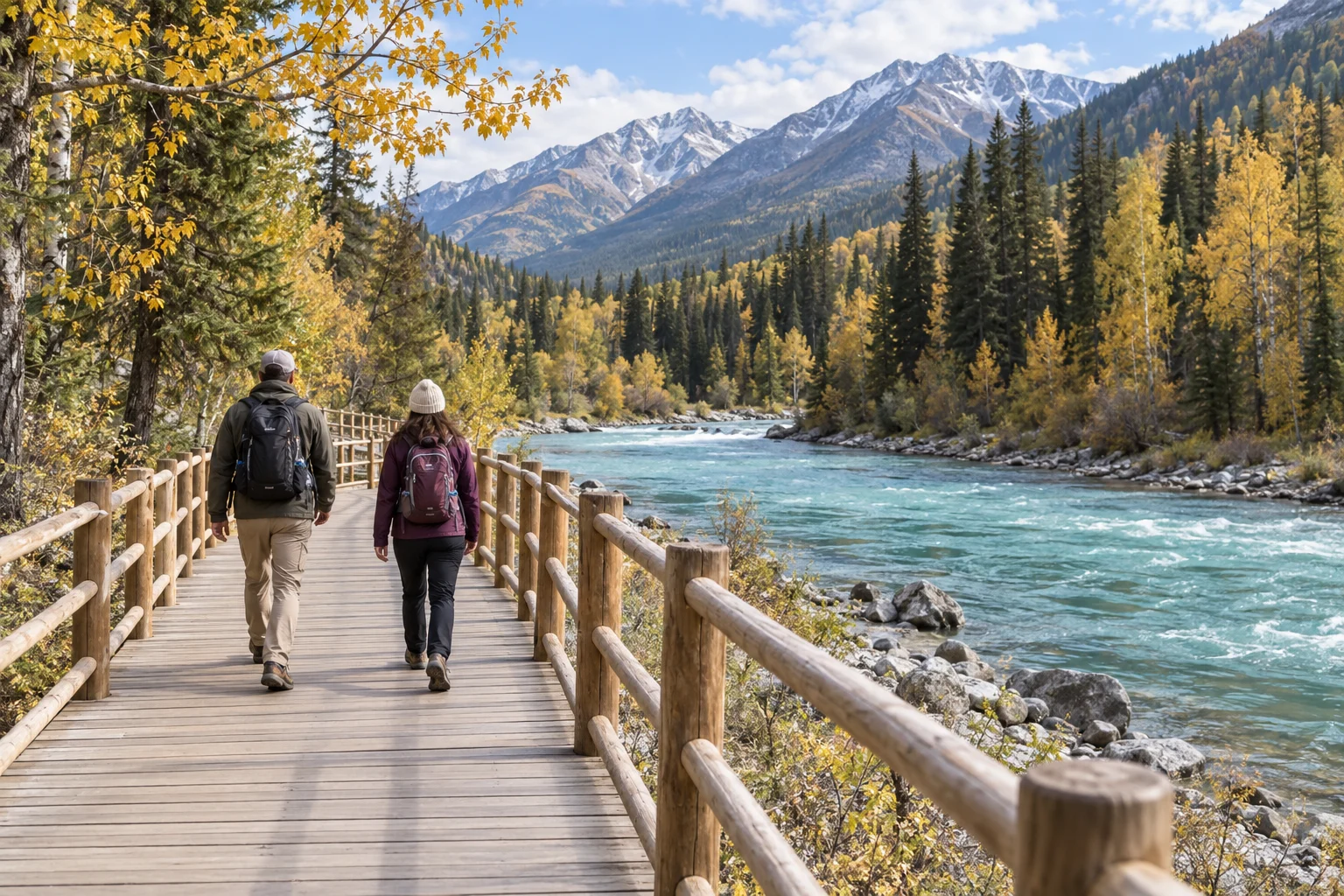 AI illustration of two travelers walking on a railed riverside boardwalk in a mountain forest