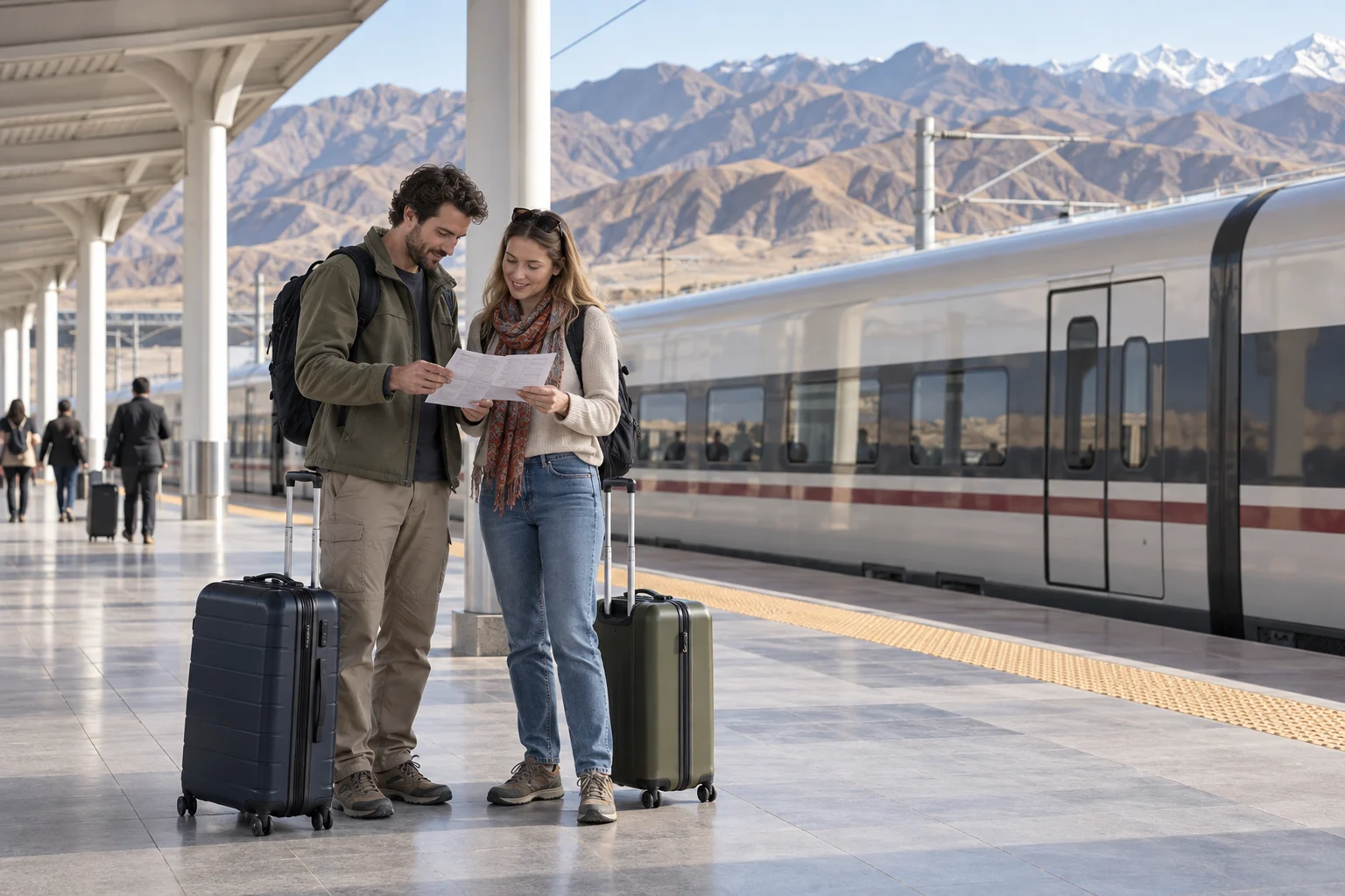 AI illustration of two travelers with manageable luggage on a safe railway platform in a Xinjiang-inspired mountain landscape